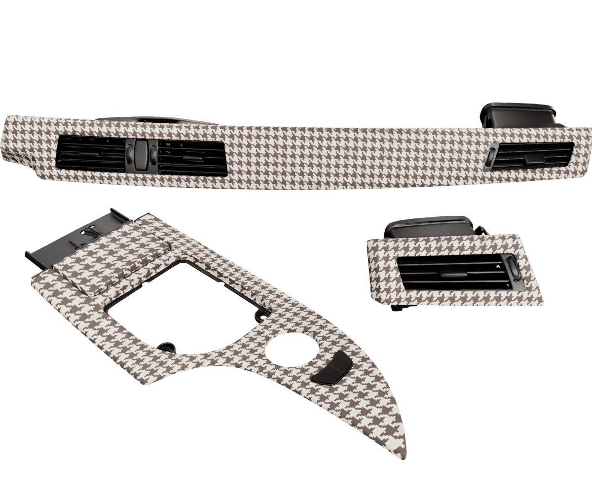 bmw e6x wood trim set upholstered in custom woven houndstooth fabric