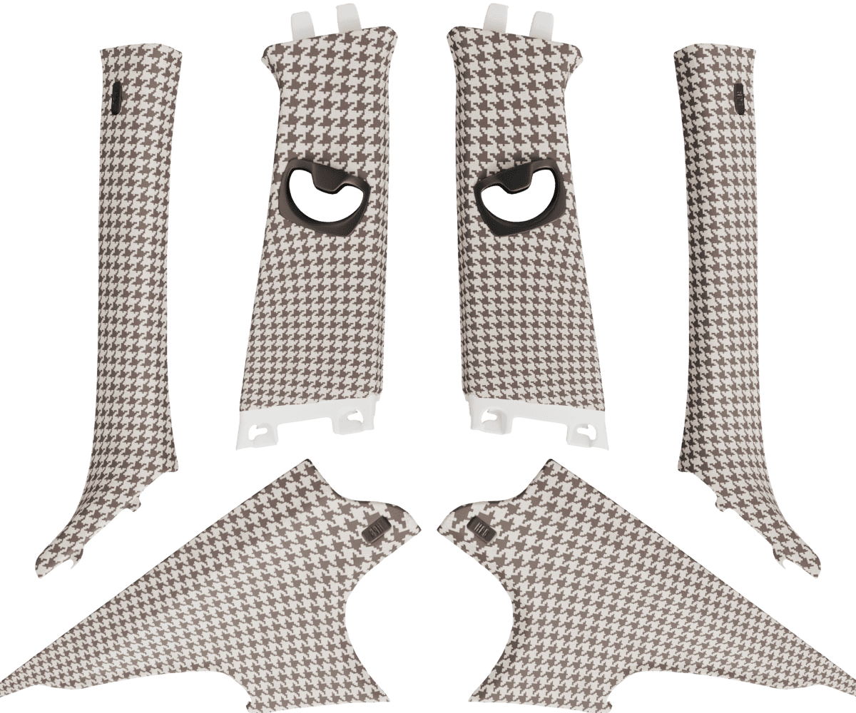 bmw e90 pillar set upholstered in custom woven houndstooth fabric