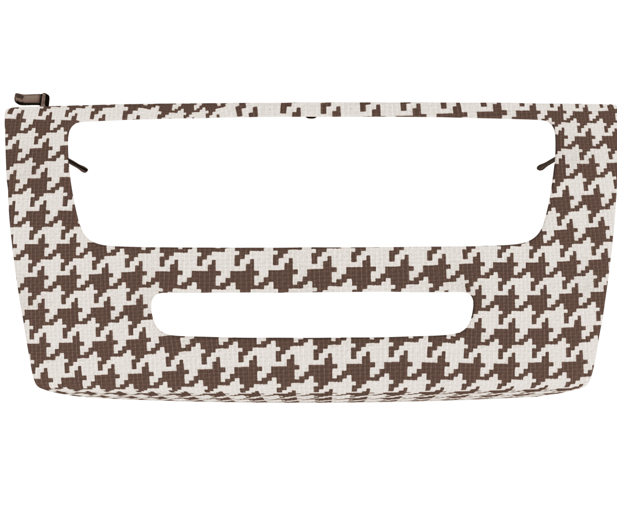 bmw e9x idrive radio panel cover with cutout upholsered in custom woven houndstooth fabric
