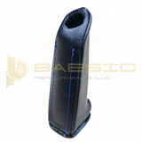 BMW E9X E-brake Handle wrapped in leather with blue stitching